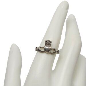 JTS 925 Sterling Silver Clear Rhinestone Crown Claddagh Ring Size 8.25 Vintage